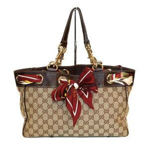 GUCCI GG Canvas Tote Bag Beige Brown Leather Handbag Scarf